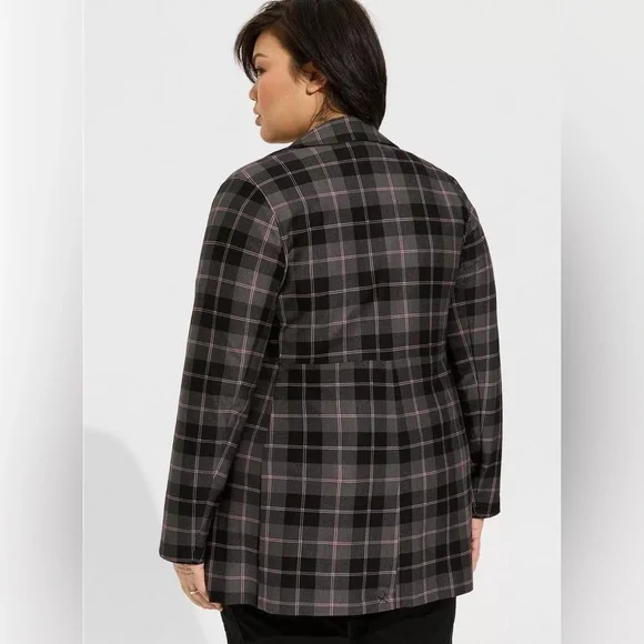 Torrid Lightweight Ponte Longline Plaid Black Gray Blazer Jacket Size 1 - Picture 2 of 7